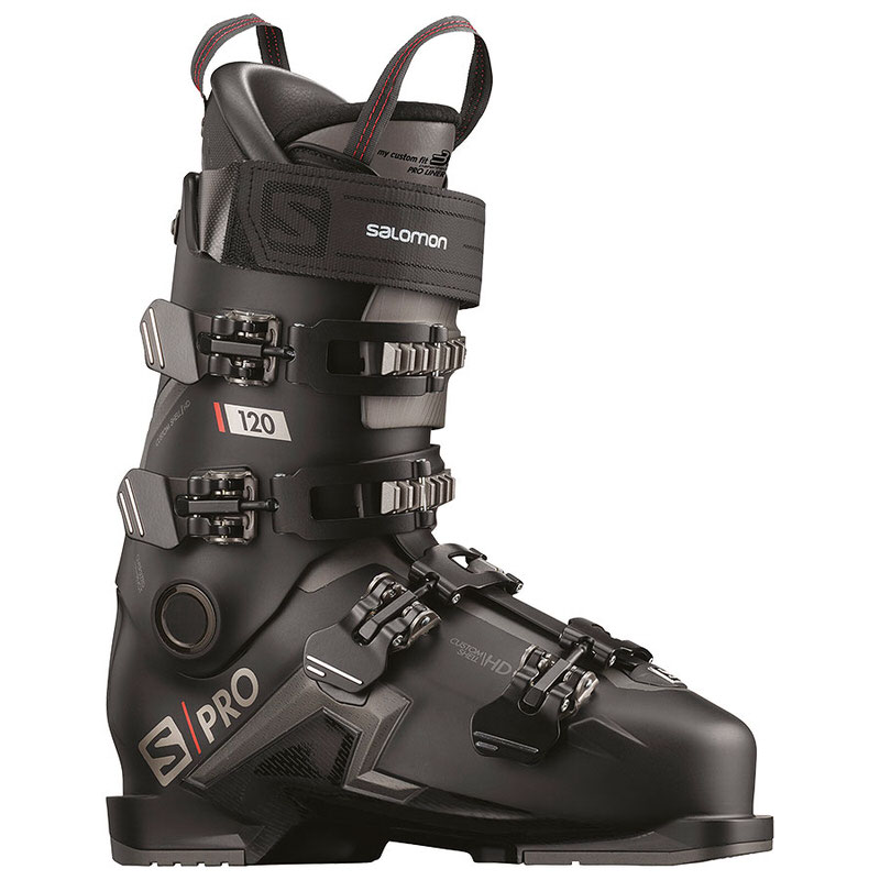 Schwarzer Salomon S/PRO 120 Herren Skischuh mit Schnallen und Riemen von der Seite.