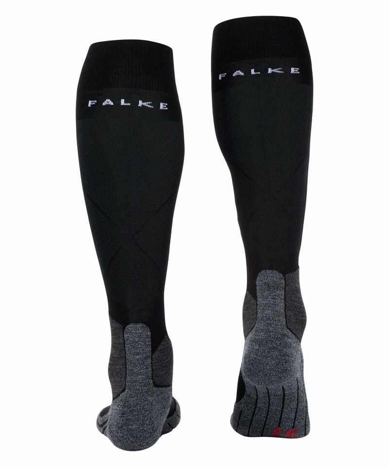 Zwei schwarze Falke SK5 Skiing Kniestrümpfe, von hinten gezeigt, mit grauer Verstärkung am Fuß.