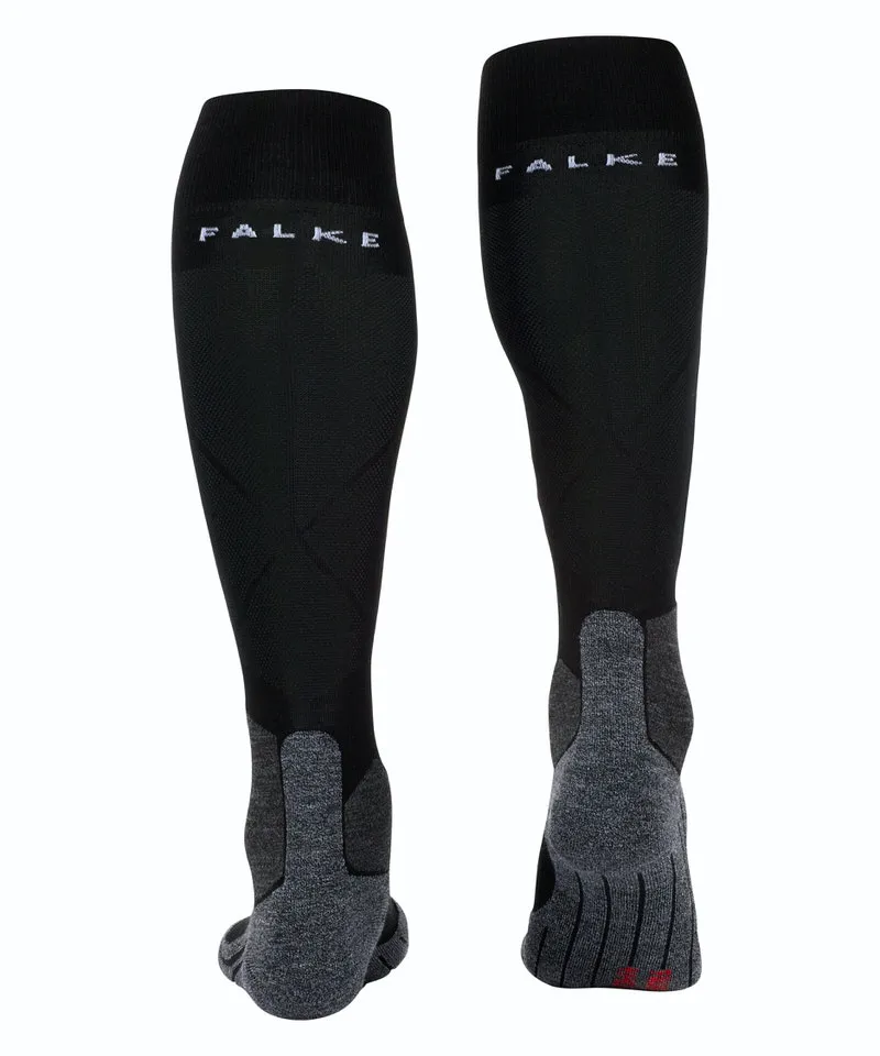 Two black Falke SK5 Skiing knee-high socks, shown from behind, with gray reinforcement on the foot.