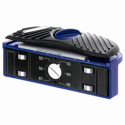 Kantenschärfer "Profi Edger" in Blau/Schwarz mit einstellbarem Schleifwinkel (85-90 Grad) und Feile.