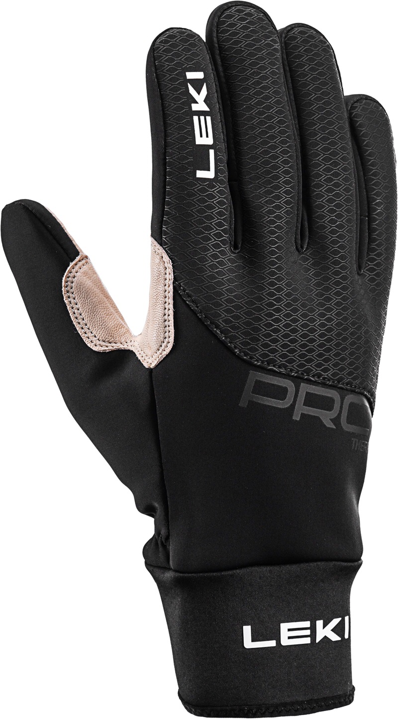 Schwarzer Leki PRC Premium Thermoplus Shark Handschuh, Handfläche sandfarben, Marke Leki auf dem Handrücken und am Handgelenk.