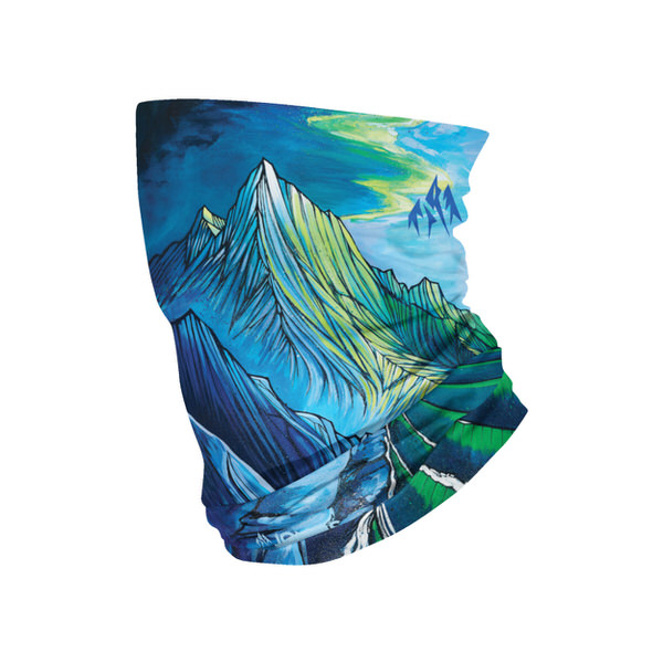 Neck Warmer bleu avec motif de montagne. Représentation abstraite d'un paysage de montagne avec un ciel bleu.