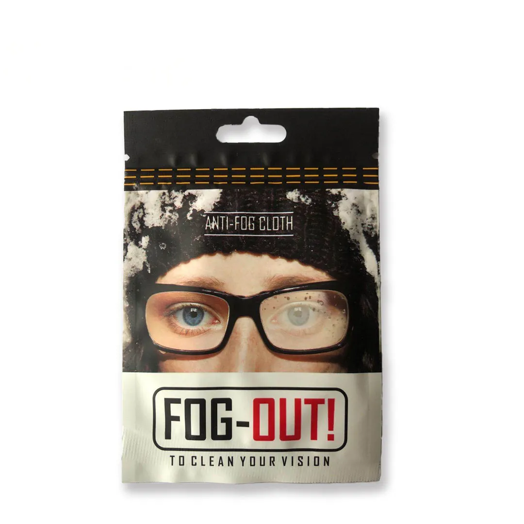 Packaging Fog-Out anti-fog microfiber cloth with woman with fogged glasses and clear lens.