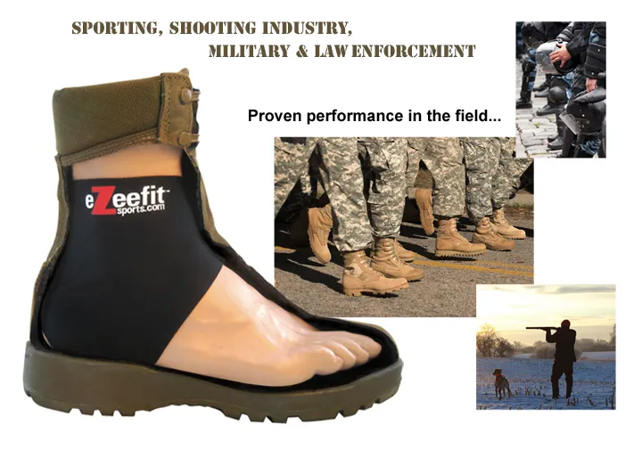 Schuh mit Fußbett für Sport, Militär und Strafverfolgung, daneben Soldatenstiefel, Polizisten und Jäger mit Hund.