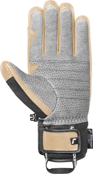 Ein einzelner, hochwertiger Ski-Handschuh mit beigen Lederdetails und einer grauen, texturierten Handfläche.