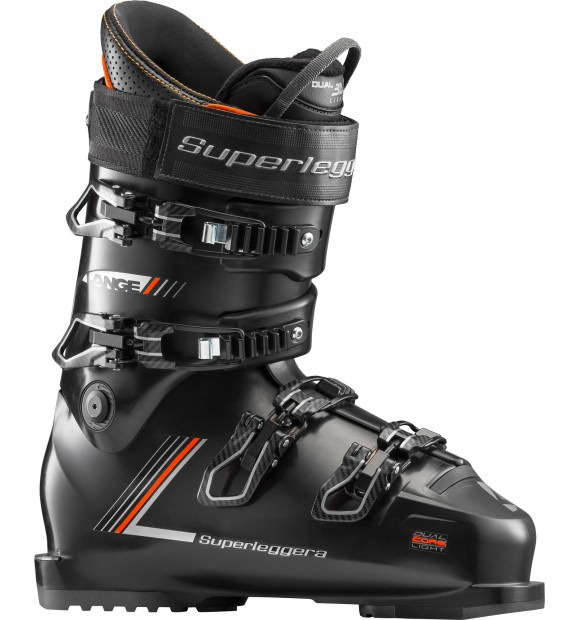 Detailansicht des schwarzen Lange RX Superleggera Skischuhs mit orangefarbenen Akzenten.