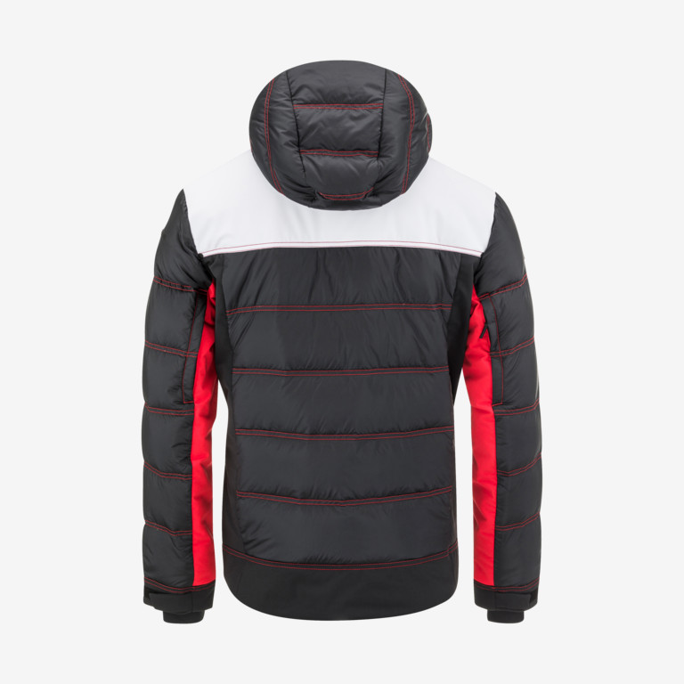 Vue arrière de la veste de ski PORSCHE en noir, rouge et blanc avec capuche et surpiqûres rouges.