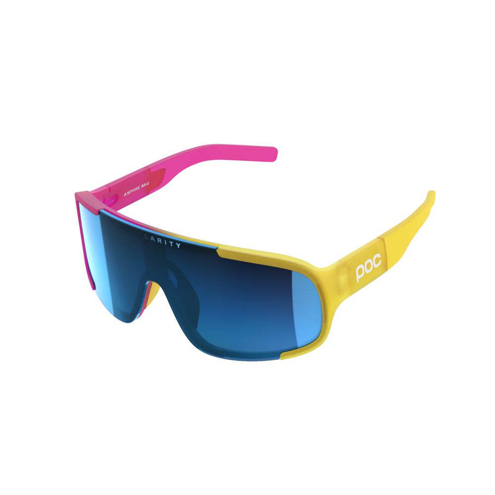POC Aspire Mid goggles with yellow frame, pink temples and blue lenses from the front.