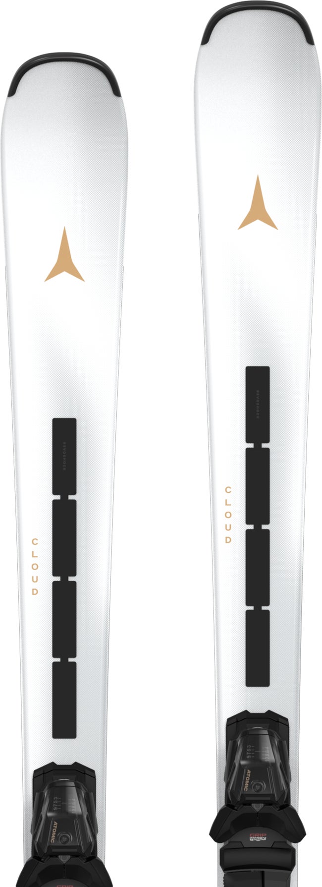 Zwei weiße Atomic Ski mit goldfarbenem Logo, schwarzer Bindung und "Cloud"-Aufschrift.
