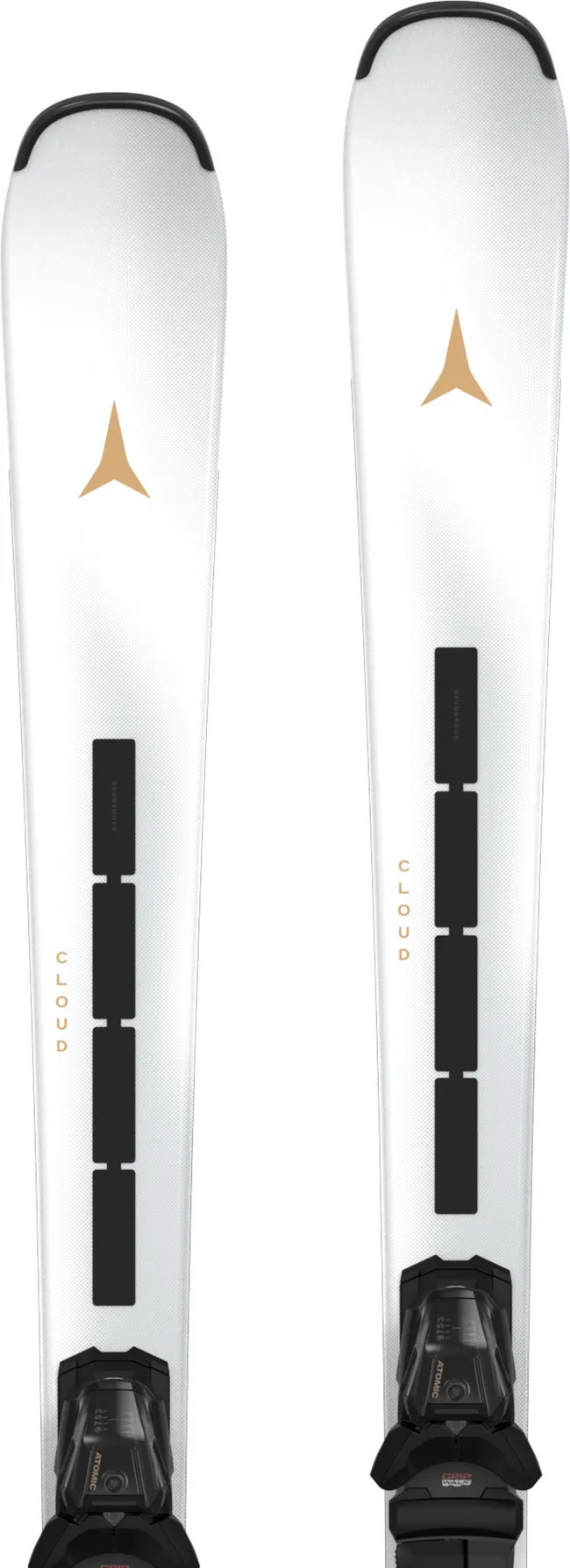 Two white Atomic skis with gold-colored logo, black bindings and "Cloud" lettering.