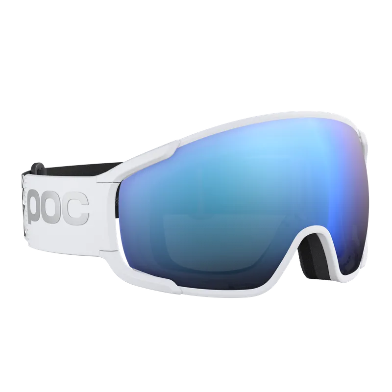 White ski goggles with bluish reflective lens and black strap with "POC" logo.