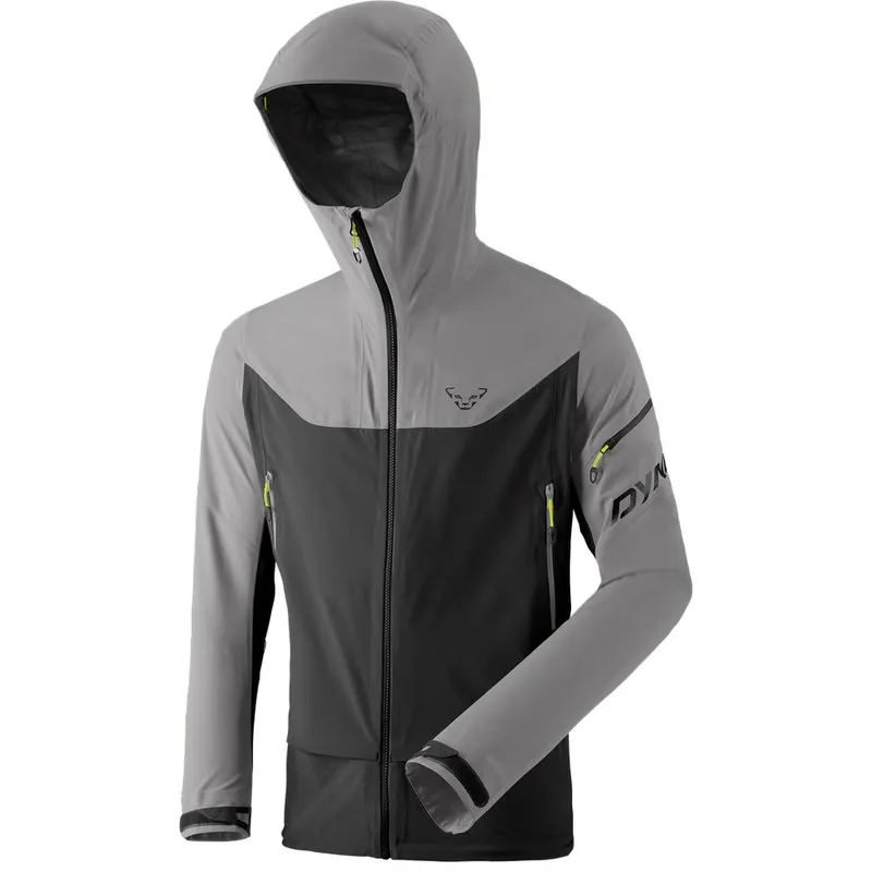 Gray Dynafit Beast Hybrid men's jacket with hood, front zipper and pockets.