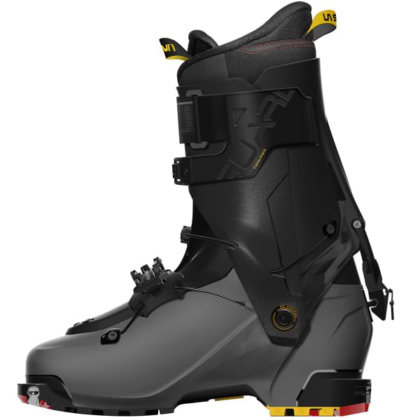 Skischuh, La Sportiva Vanguard Carbon/Yellow, seitliche Ansicht. Graue Unterschale, schwarzer Schaft mit gelben Akzenten.