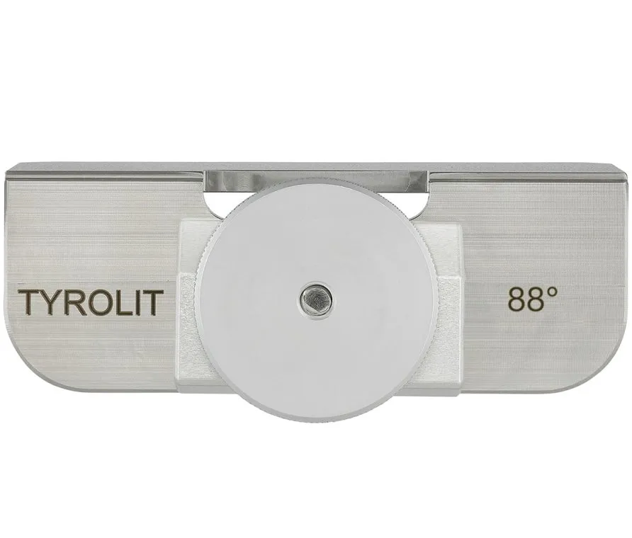 Metallwerkzeug mit der Aufschrift "TYROLIT", einem runden Knopf in der Mitte und der Zahl "88°" rechts.
