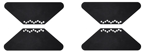 Formes trapézoïdales noires Quatre formes trapézoïdales noires, chacune avec une série de petits points blancs le long de la base arrondie.