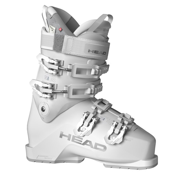 Weißer Head Formula RS 95 W Skischuh, seitliche Ansicht. Drei Schnallen und Klettverschlussband sind sichtbar.