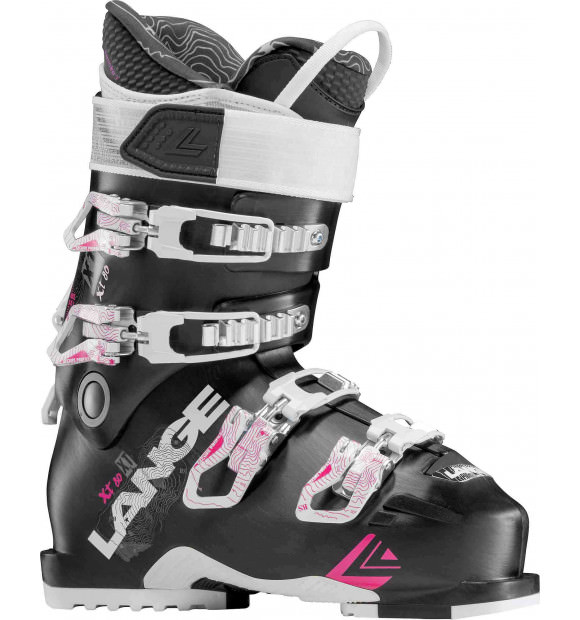 Schwarzer Lange XT 80 W Skischuh mit weißen Schnallen und pinkfarbenen Akzenten.