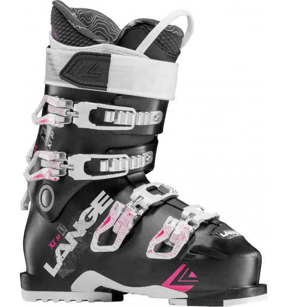 Schwarzer Lange XT 80 W Skischuh mit weißen Schnallen und pinkfarbenen Akzenten.