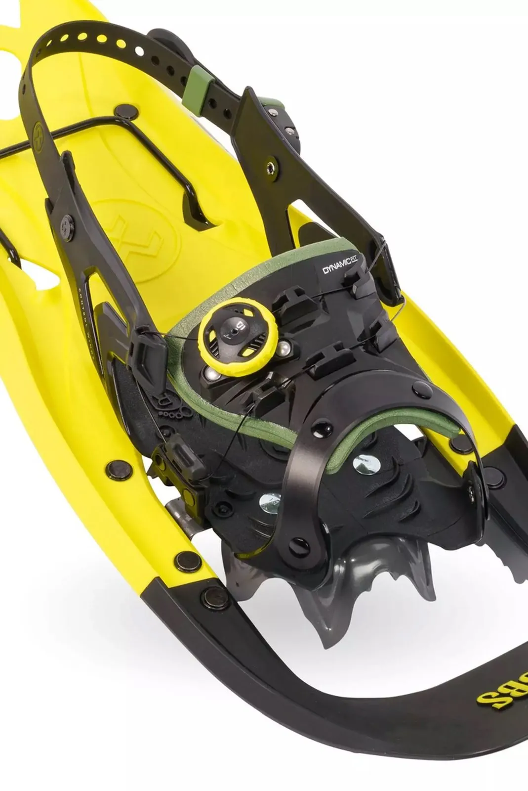 Yellow Tubbs VRT 25 men's snowshoe with black DynamicFit binding and BOA Fit System in detail.