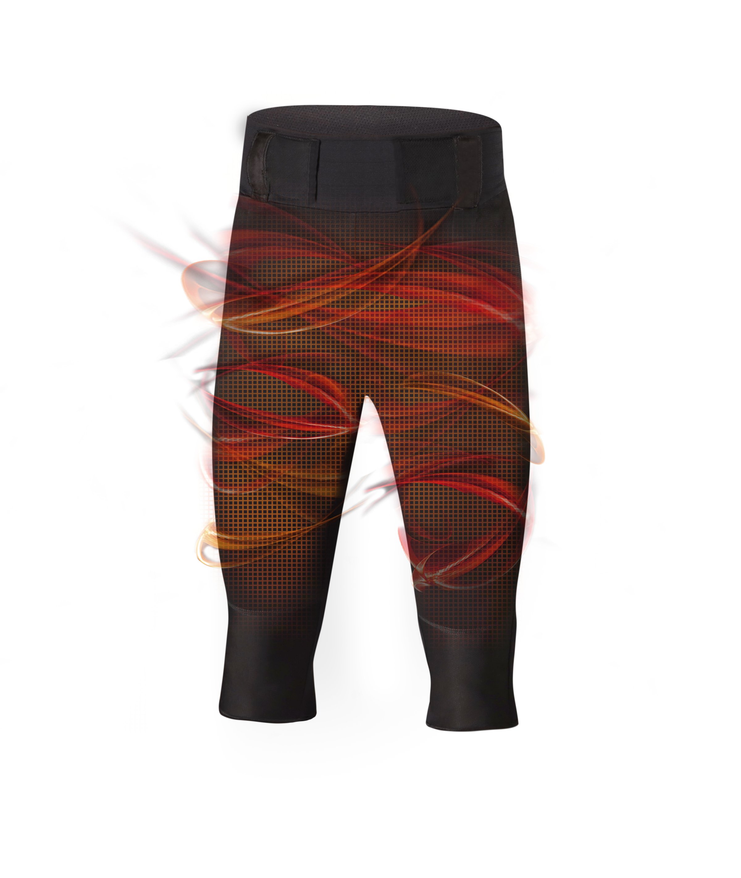 Lenz Heat Pant: Schwarze Hose mit breitem Bund und orangenen Wärmestrahlungs-Effekten.