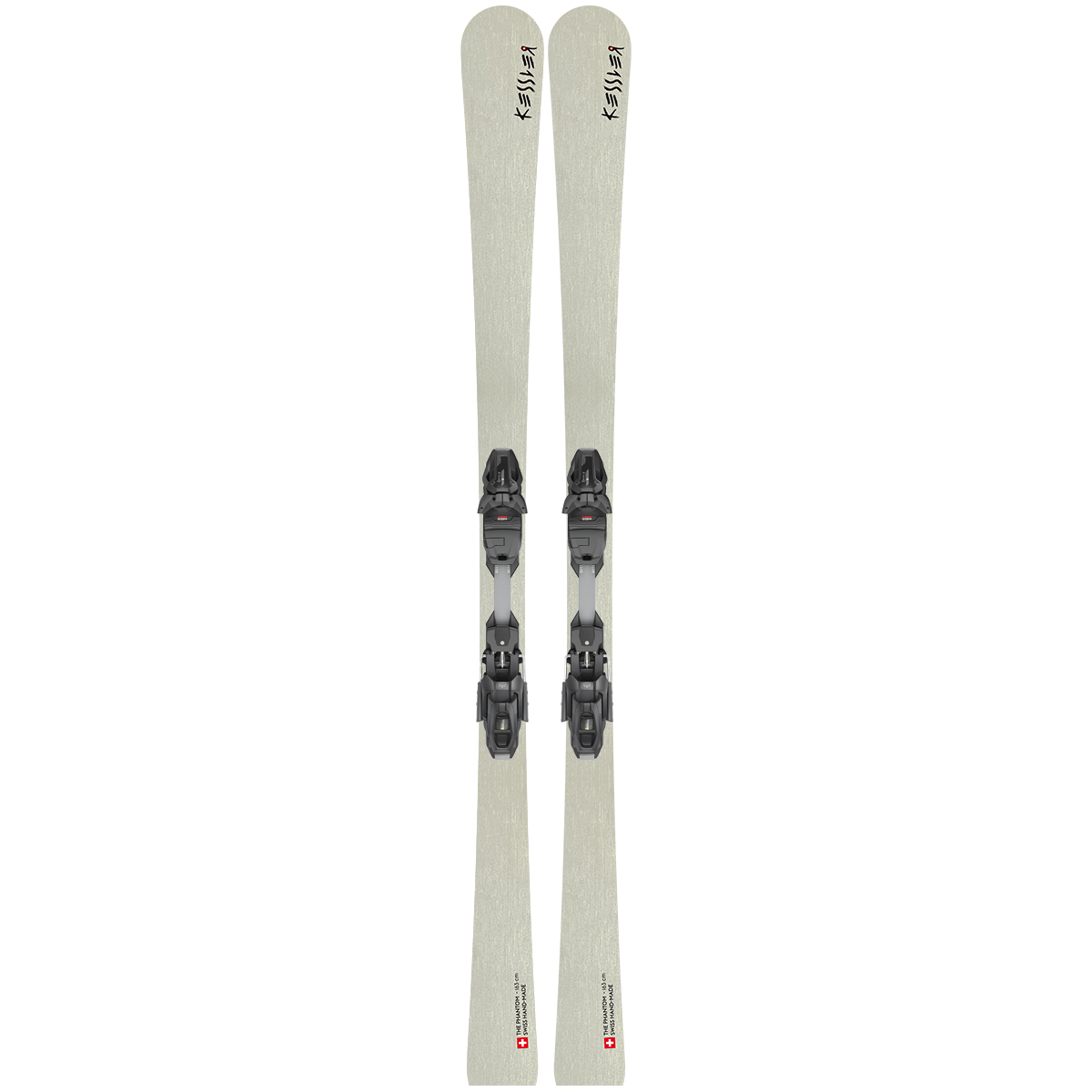 Silberfarbener Kessler Pandora Ski mit montierter Bindung, von oben.