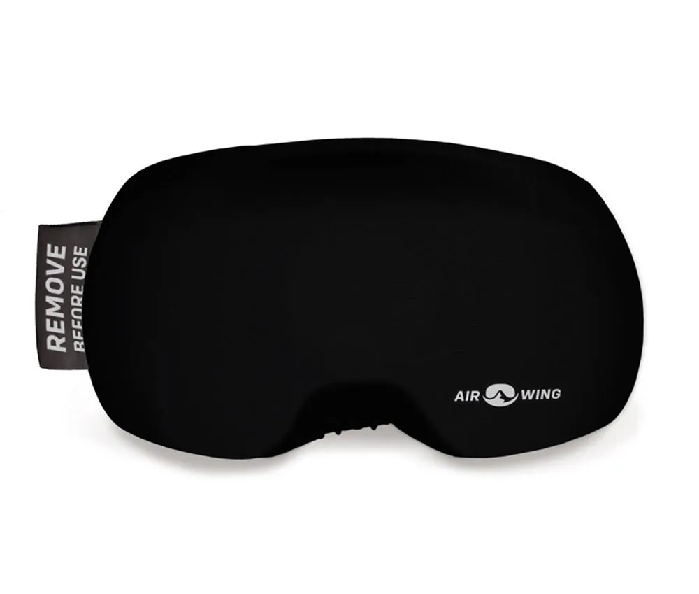 Black Airwing ski goggle protective cover with "Remove Before Use" print and logo.