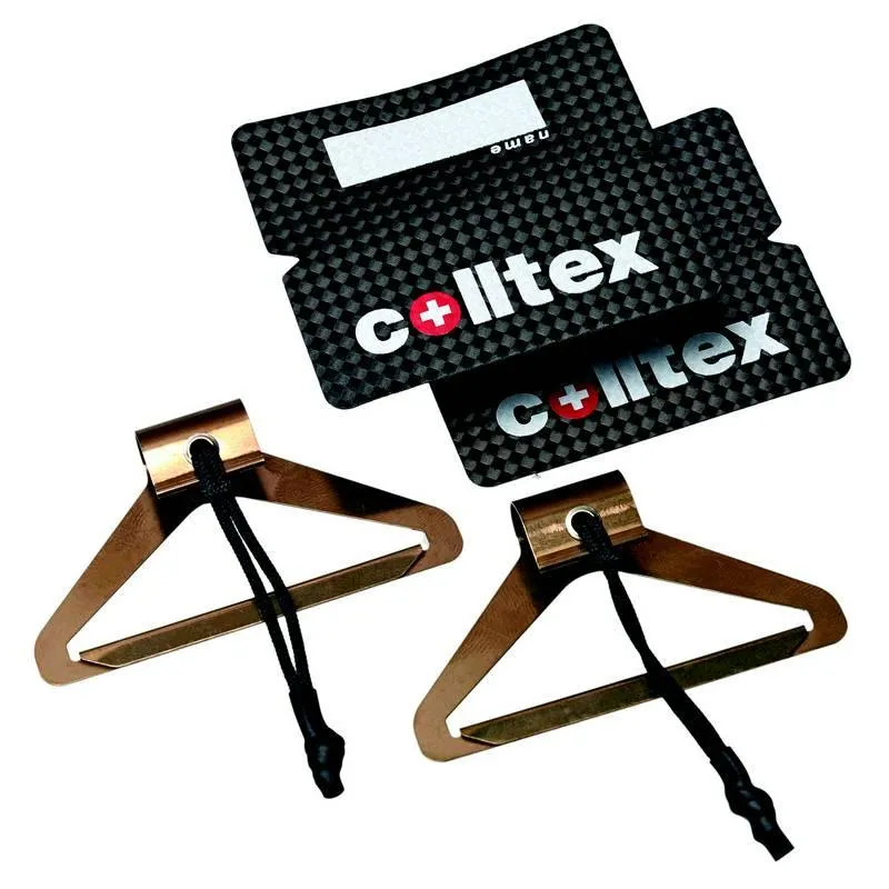 Two colltex coat hangers ACE with tags, brown-metallic and black cord.