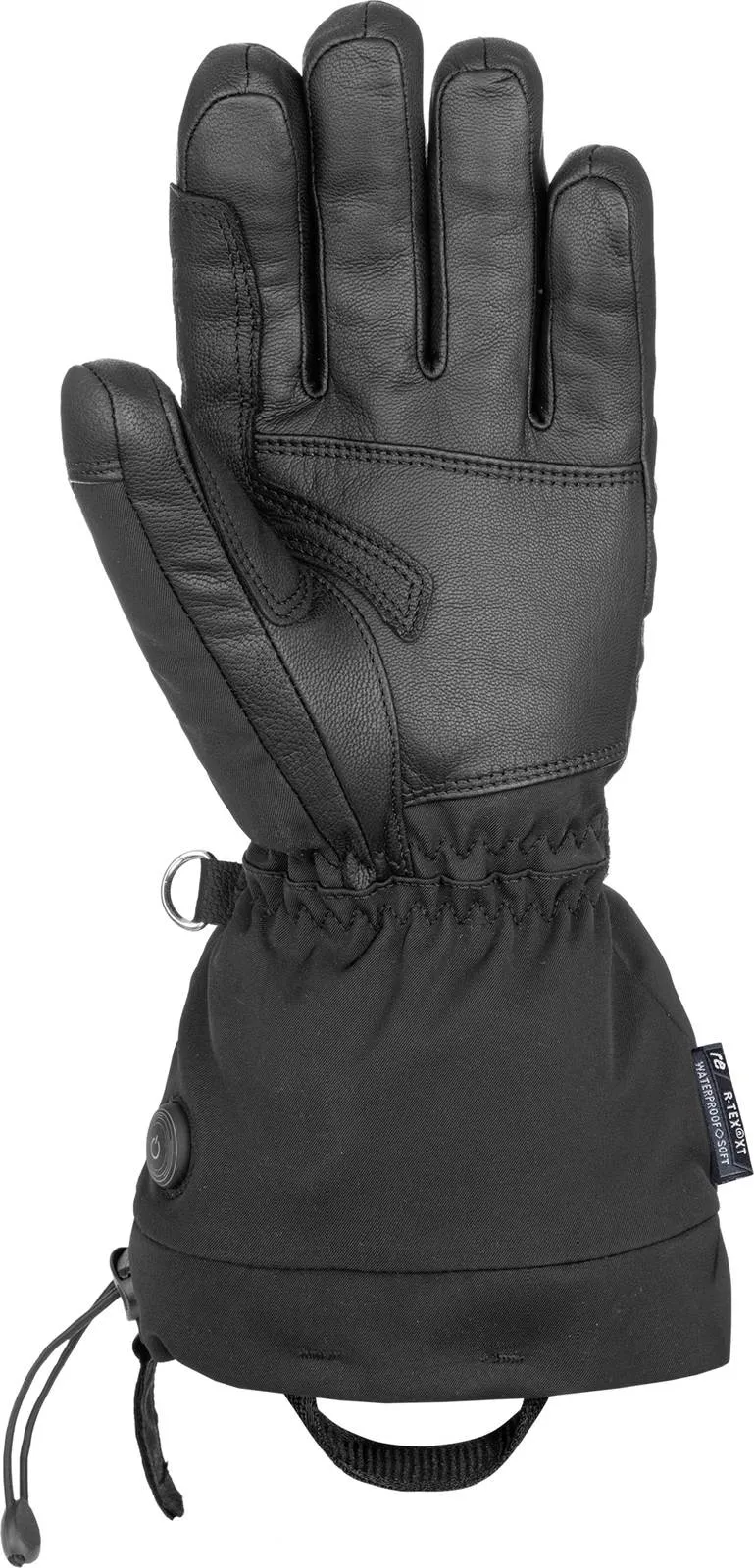 Black Reusch Instant Heat r-tex XT heated ski glove, leather palm, fabric cuff, button for heating levels.