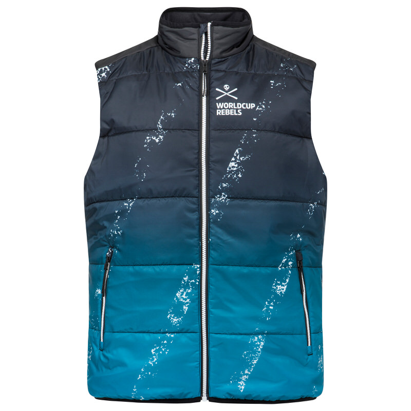 Dunkelblau-türkise Race Star Vest Men mit weißem Print, durchgehendem Reißverschluss und zwei Reißverschlusstaschen.