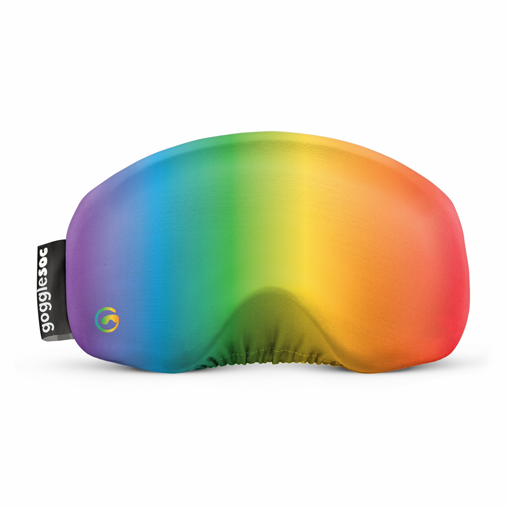 Skibrillen-Schutzhülle in Regenbogenfarben, Pride Soc, mit Gogglesoc-Logo.