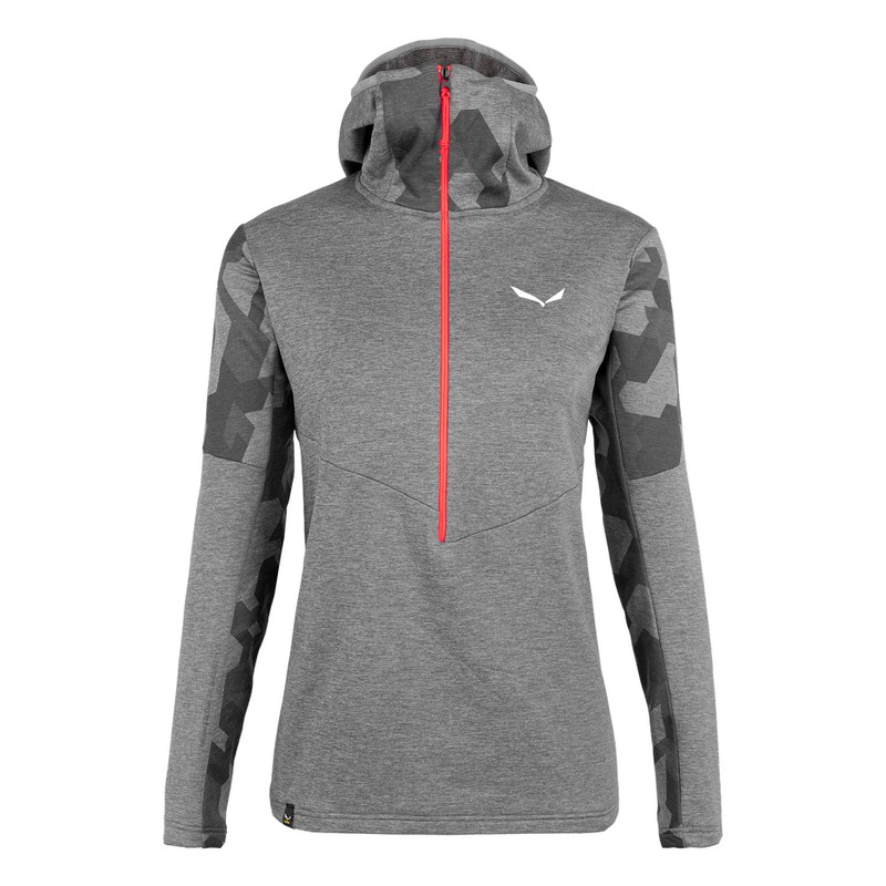 Gray merino hooded jacket Grey Salewa Boe Alpine merino hooded jacket for women with red zipper and camouflage pattern on sleeves and hood.