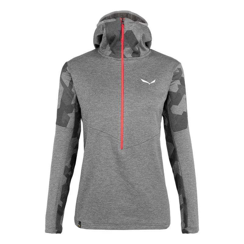 Grey Salewa Boe Alpine merino hooded jacket for women with red zipper and camouflage pattern on sleeves and hood.