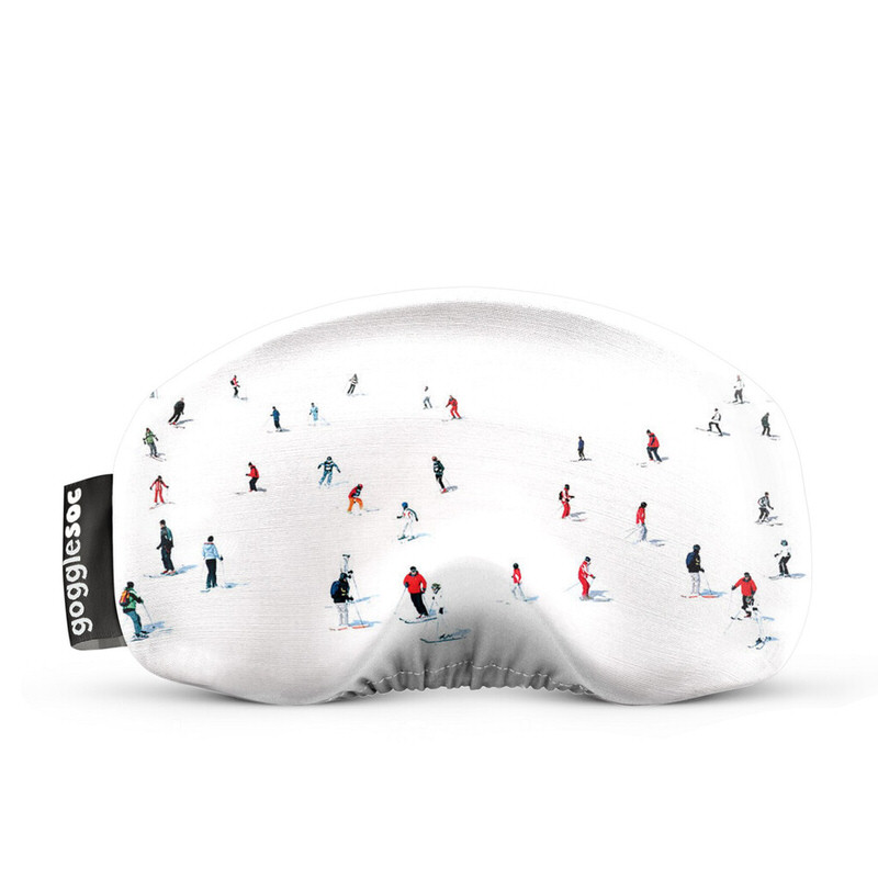 Weiße Gogglesoc Brillenabdeckung, bedruckt mit vielen kleinen Skifahrer-Illustrationen.