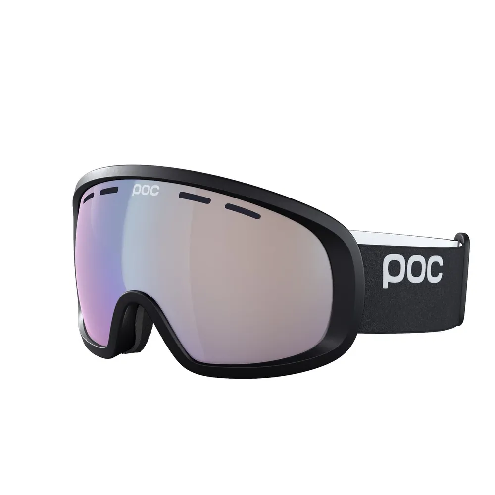 Black POC Fovea Clarity Photochromic ski goggles with color gradient in the lens and POC logo on the strap.