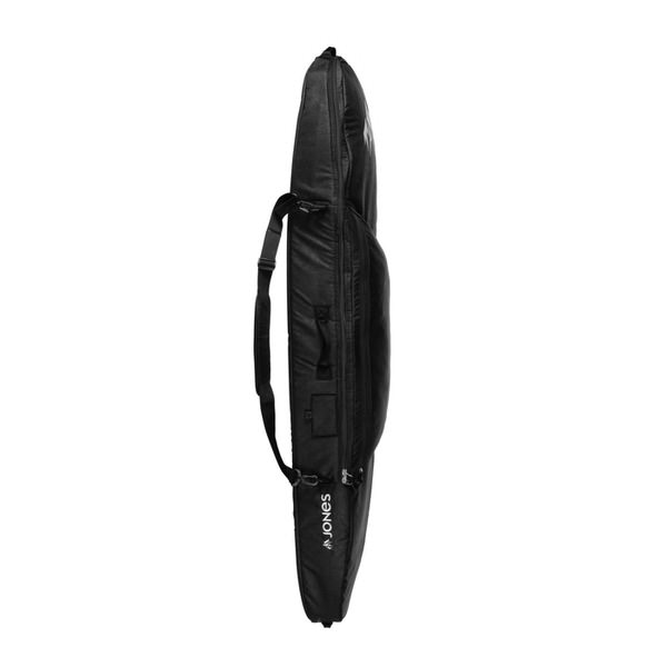 Schwarze Jones Board Bag Escape Snowboardtasche, stehend mit Tragegurt.