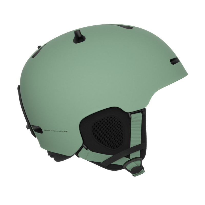 Matten-grüner Skihelm mit schwarzem Innenfutter und Belüftungsöffnungen.