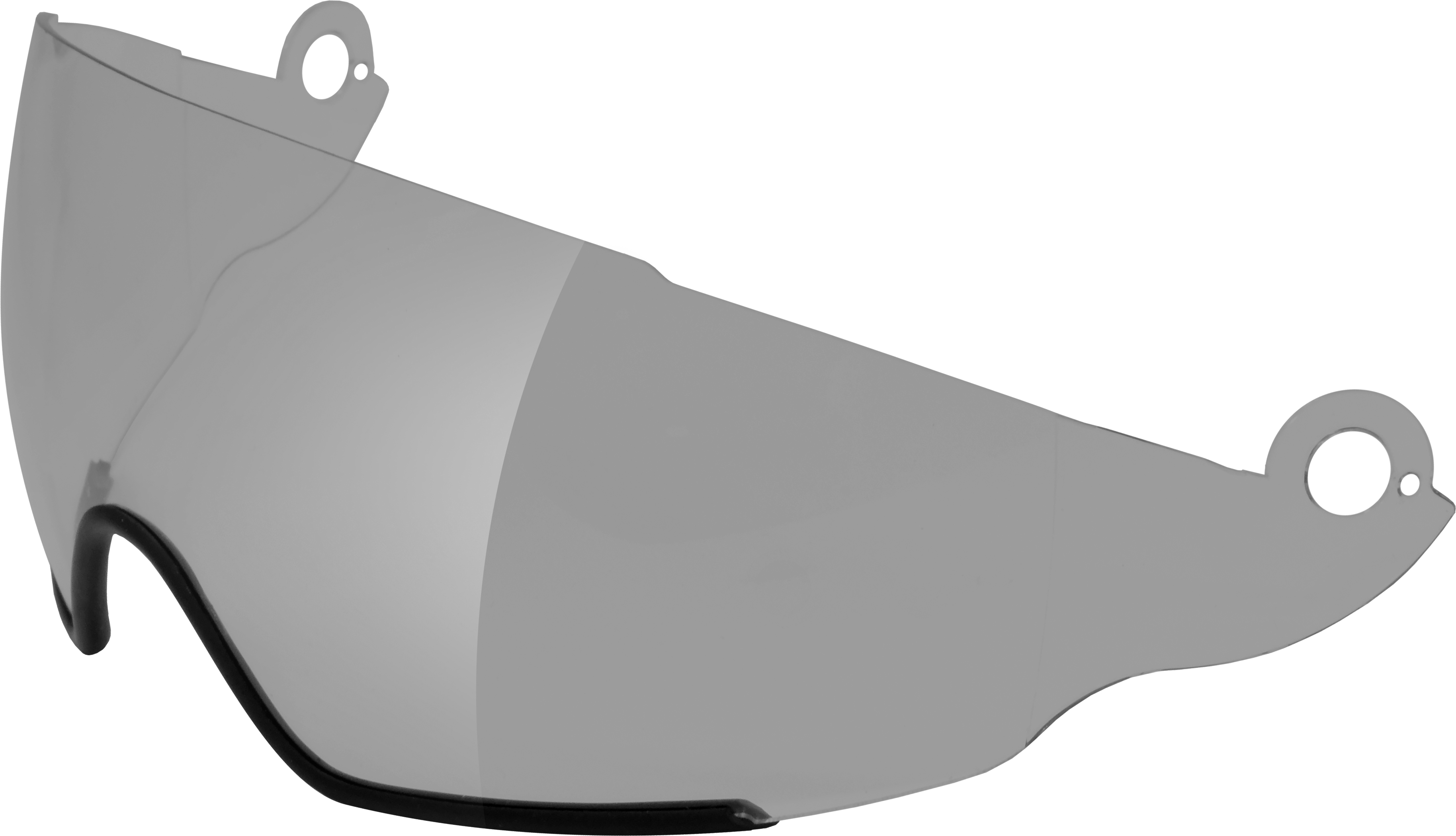 Grauer Visor für einen Velohelm mit schwarzem Rand unten und zwei runden Befestigungslöchern oben.
