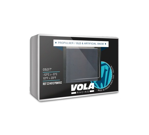 Verpackung von Vola Racing Bleu Molybden Block, Startbeschleuniger. Grauer Block in durchsichtiger Folie sichtbar. Temperaturangaben auf der Packung.