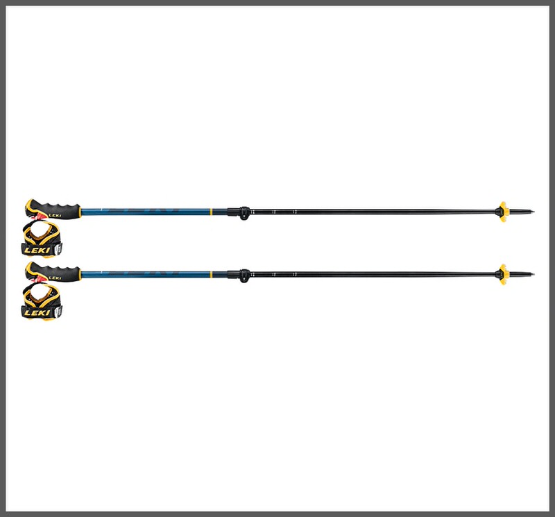 Blaue Leki Skistöcke Zwei blaue Leki Spitfire Vario 3D Skistöcke, horizontal ausgerichtet, mit gelben Akzenten und schwarzen Spitzen.