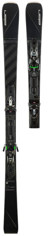 Ein Paar Elan Voyager Black Ski mit montierter Bindung, stehend aufrecht vor einem weißen Hintergrund.