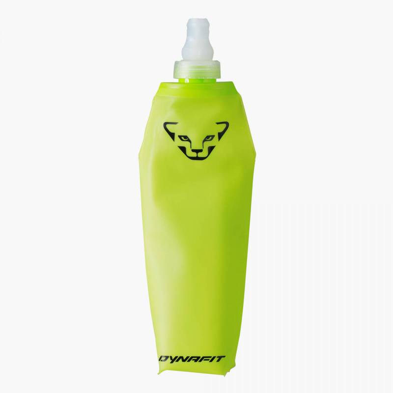 Gourde jaune Dynafit Flask 500ml avec le logo noir Dynafit d'un félin.