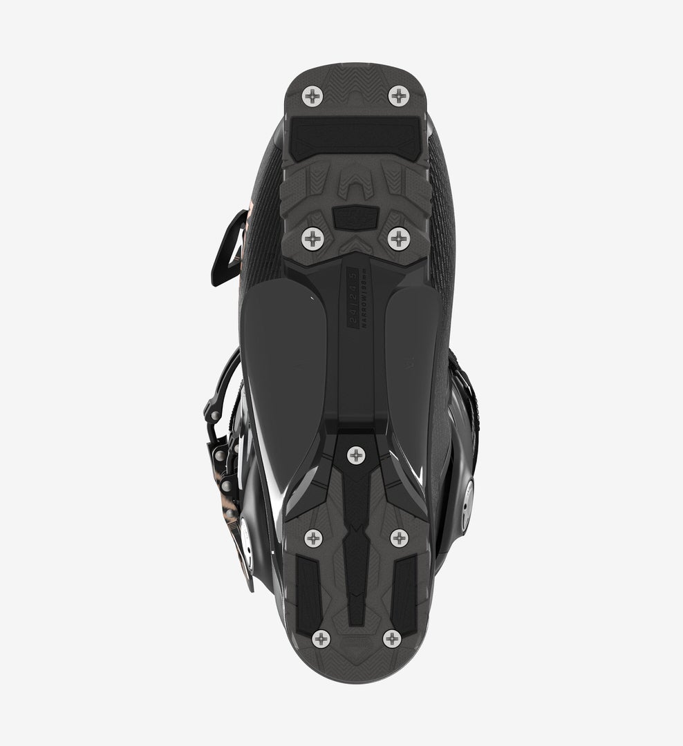 Draufsicht auf Salomon S/PRO ALPHA 90 W Skischuh, der die Sohle mit Struktur und Befestigungspunkten zeigt.