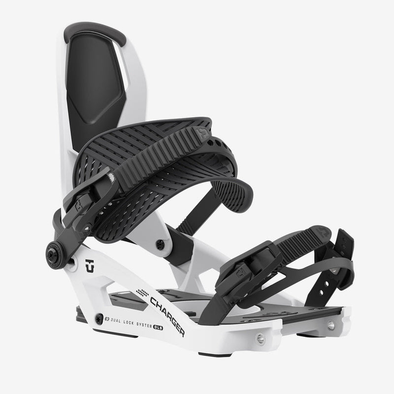 Weiße Union Charger Splitboard Bindung mit schwarzem Fersenbügel und Riemen auf weißem Hintergrund.