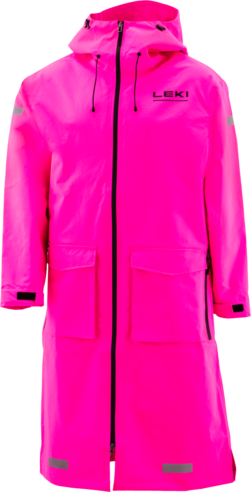 Une veste de pluie longue rose avec capuche, fermeture éclair noire et logo, ainsi que des bandes réfléchissantes.