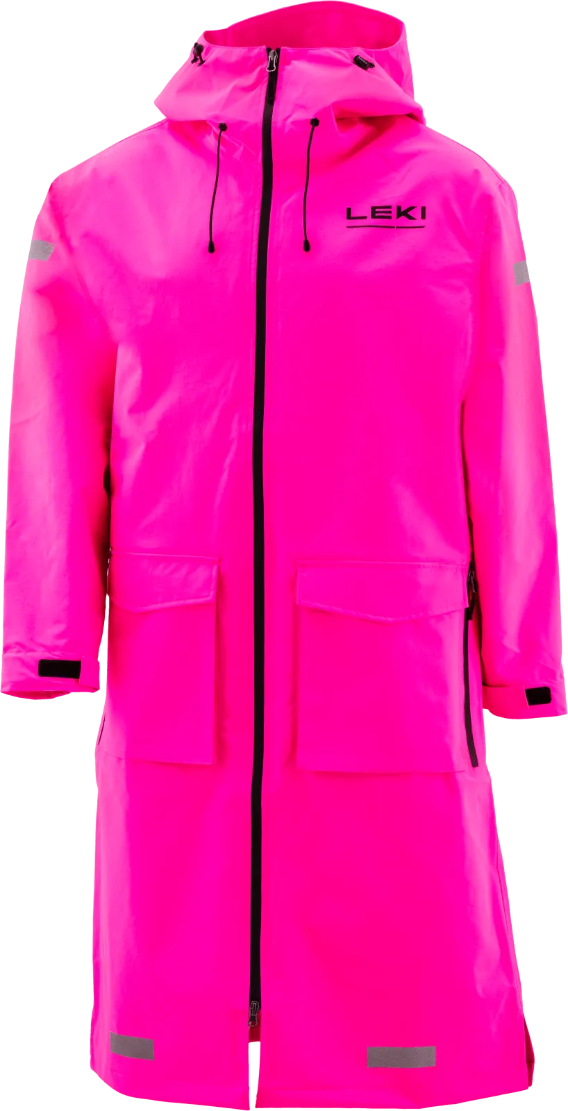 A pink, long rain jacket with a hood and black zipper and logo, as well as reflective stripes.