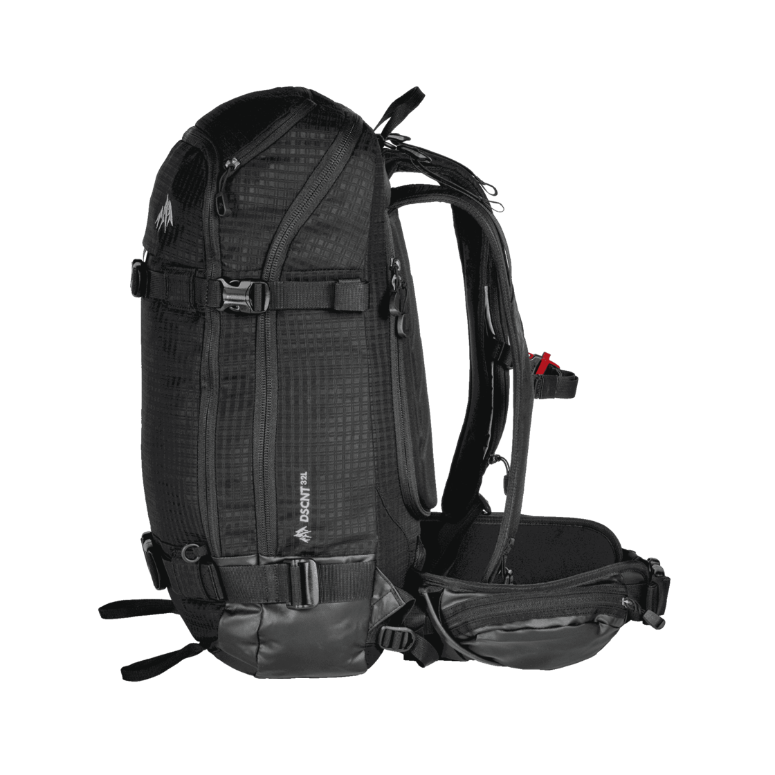 Schwarzer Jones Rucksack Schwarzer Jones DSCNT 32L Rucksack von der Seite, mit Tragegurten, Reißverschlüssen und Schnallen.