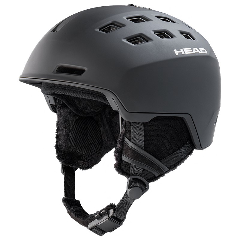 Schwarzer Skihelm "Head REV Black" mit Ohrenschützern und Belüftungslöchern, Frontalansicht.