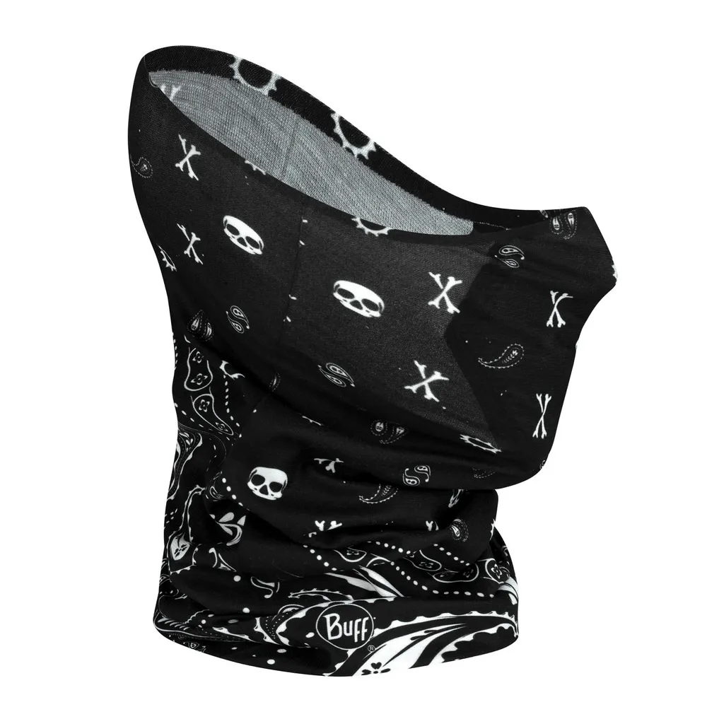 Black Buff filter tube with skulls, crosses and paisley pattern, folded and upright.