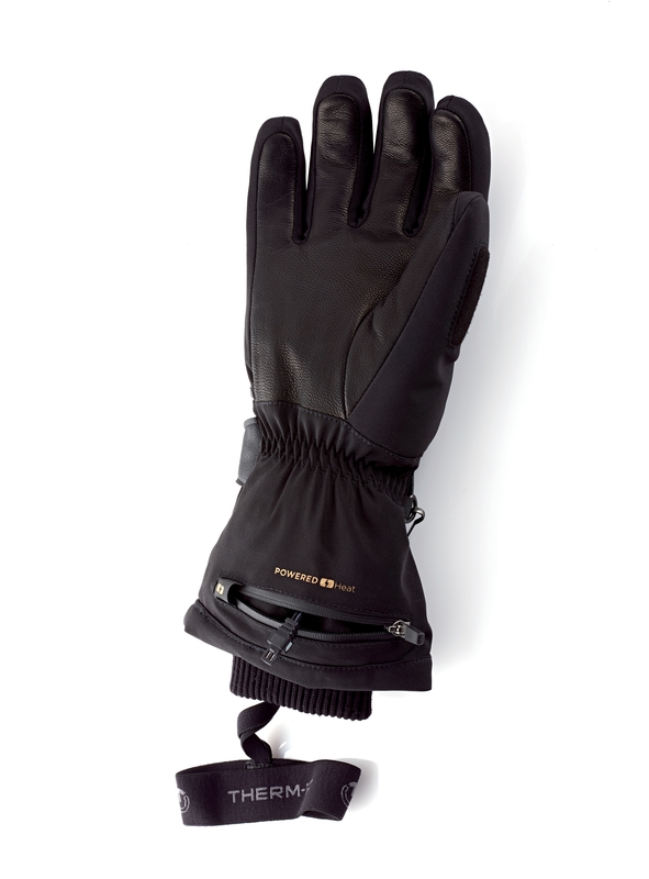 Schwarze Heizhandschuhe Damen Ein einzelner schwarzer Therm-ic Ultra Heat Glove Women mit offenem Batteriefach und Handgelenkschlaufe.