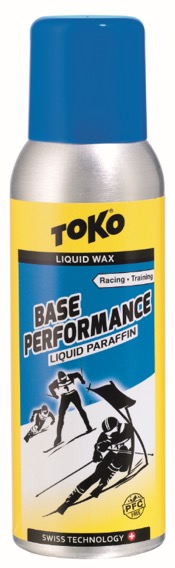 Silberne Flasche mit blauem Deckel, gelbem Etikett und blauem Text für Toko Base Performance Liquid Paraffin.